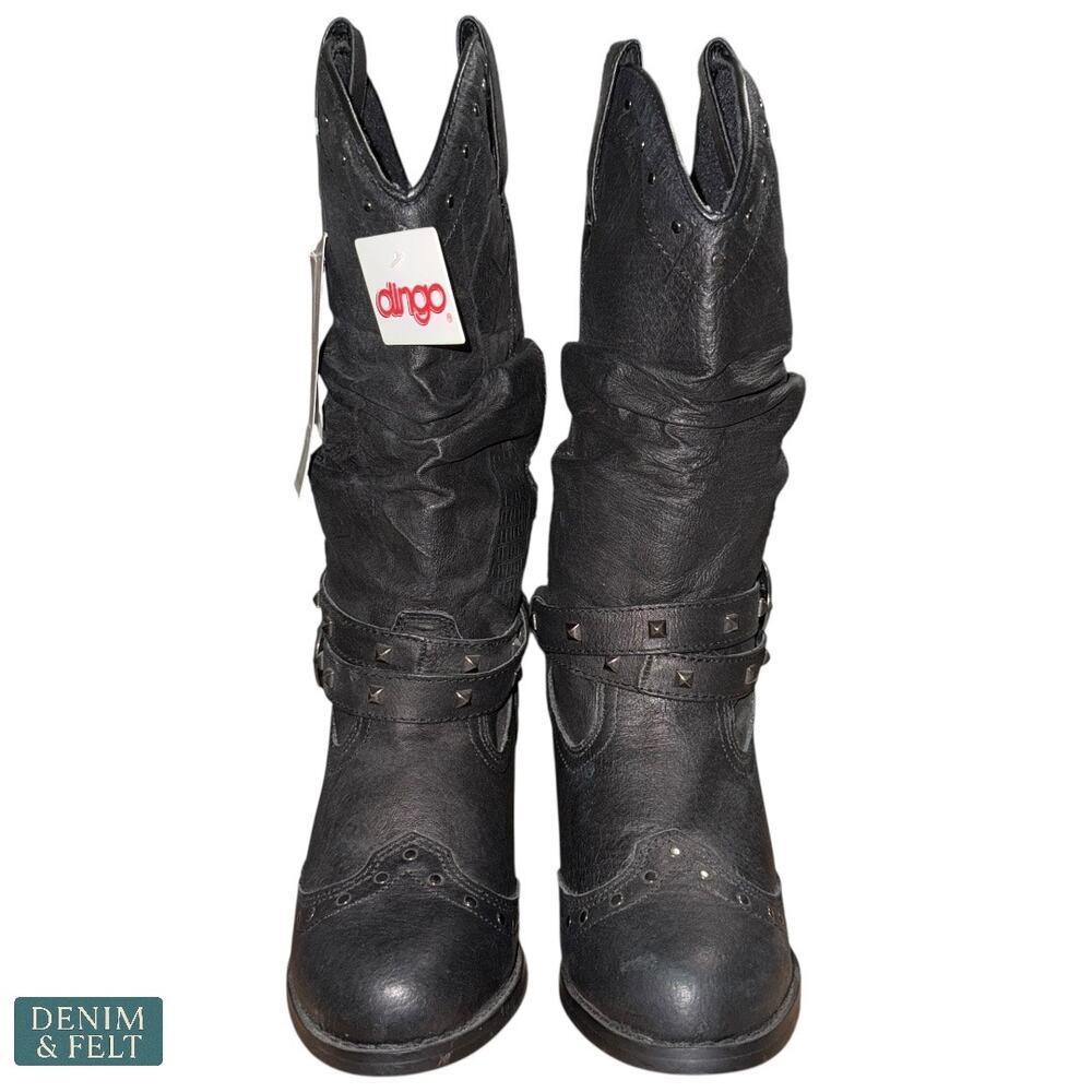 Dingo Black Slouch Studded Leather Boots Double Strap Women’s 6.5M NEW W/Tags